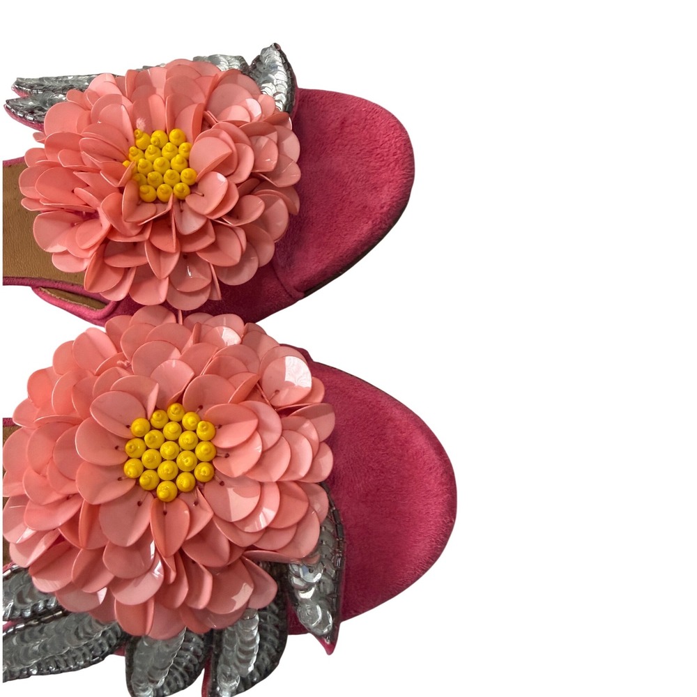 Veronica Beard Pink Floral Sequin Heels Italy 37.5 US 7.5 VB Summer Sandals - Picture 3 of 9